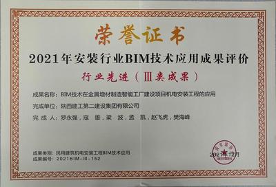 陕建二建集团安装公司一项BIM成果在陕西省BIM应用大赛获奖